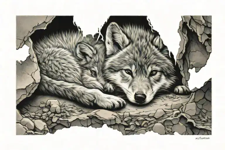 a sleeping wolf cub in a cave on left pec tattoo design idea