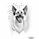 belgian shepherd with an open mouth with pronounced fangs, saliva coming out of his mouth and a white pupil tattoo design idea
