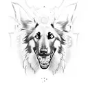 belgian shepherd with an open mouth with pronounced fangs, saliva coming out of his mouth and a white pupil tattoo design idea