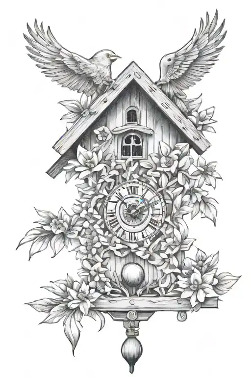 German cuckoo clock with edelweiss flowers surrounding delicate and simple. no birds  tattoo design idea