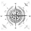 A compass with the word 'East' and a serene sunrise over the ocean tattoo design idea