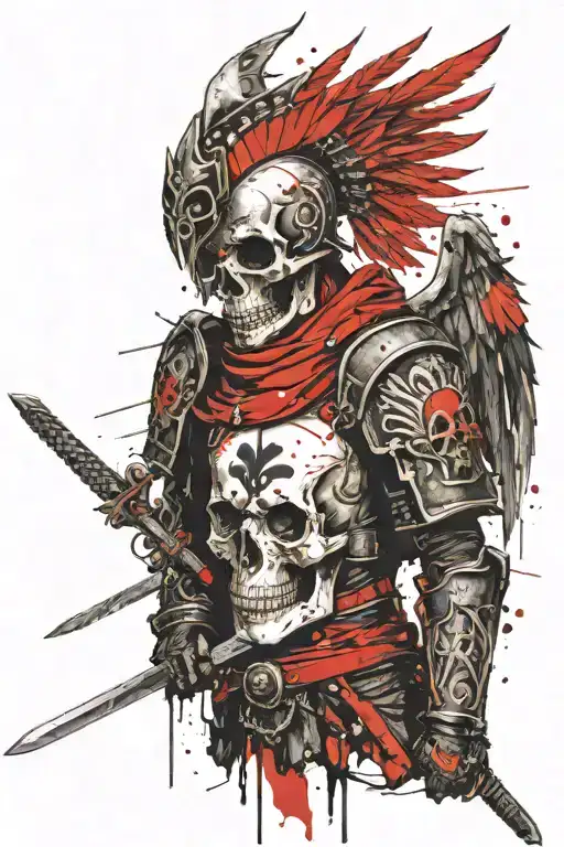 attacking hussar, Polish flag, sword, wings on the back, armor, skull instead of a face tattoo design idea