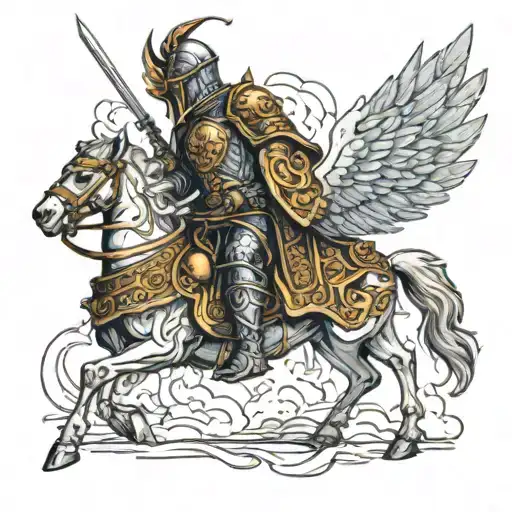 a heavily armed rider with a lance, a koncerz, a sabre, in an armour consisting of a helmet, a cuirass with wings and llama skin tattoo design idea