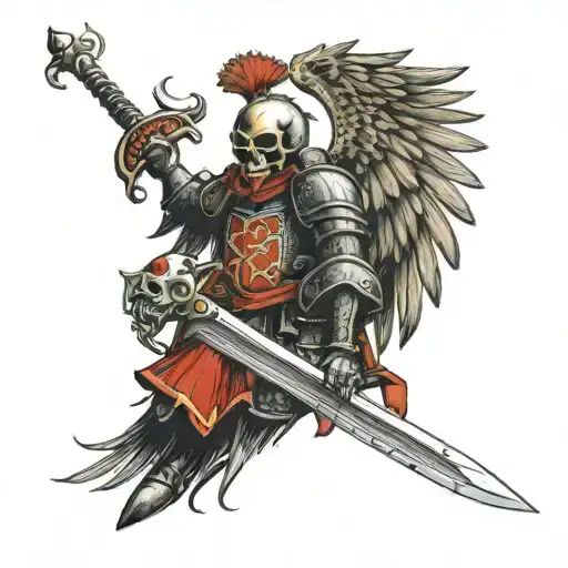 attacking hussar, Polish flag, sword, wings on the back, armor, skull instead of a face tattoo design idea