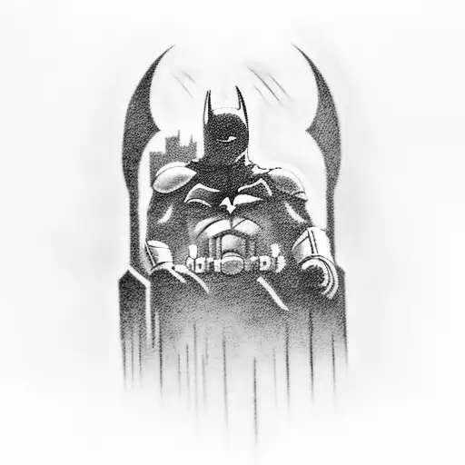 A black-grey tattoo featuring the dark knight overlooking Gotham city from a rooftop, with a sense of brooding intensity tattoo design idea