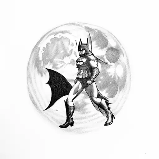 A dotwork tattoo of Batman's silhouette against a full moon backdrop, showcasing the iconic imagery of the dark knight in Gotham city tattoo design idea