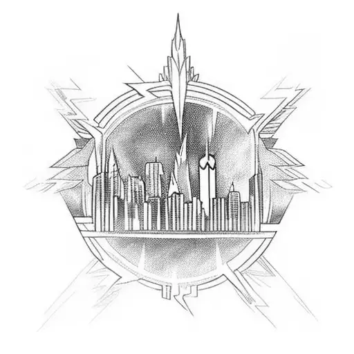 A blackwork tattoo of the Flash's lightning symbol intertwined with Gotham city's skyline, symbolizing the hero's connection to the city tattoo design idea