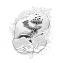 A biologist examining a flower under a microscope with a river flowing in the background tattoo design idea