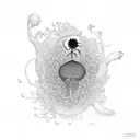 A biologist examining a flower under a microscope with a river flowing in the background tattoo design idea