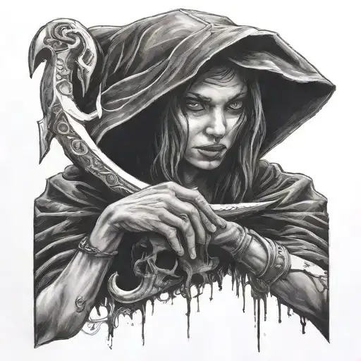 dark women with black hood and a scythe in a hand   tattoo design idea