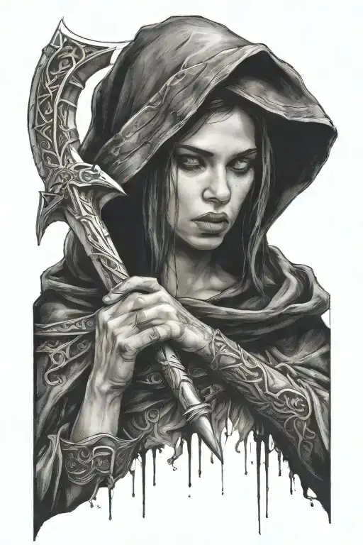 dark women with black hood and a scythe in a hand   tattoo design idea