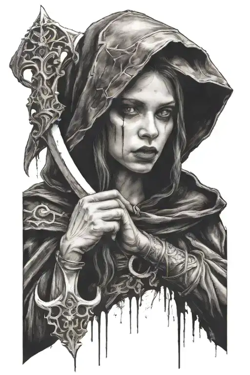 dark women with black hood and a scythe in a hand   tattoo design idea