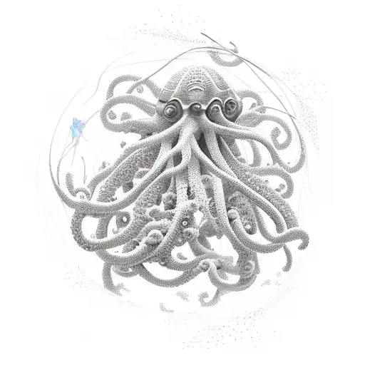 A futuristic sci-fi scene of a woman exploring a vibrant coral reef with a giant octopus in the background tattoo design idea