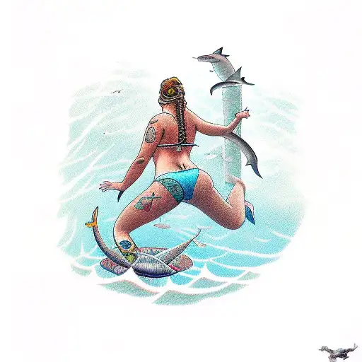A diver exploring a shipwreck covered in coral reefs and surrounded by sharks, with a tattoo of a curvy woman on their back tattoo design idea