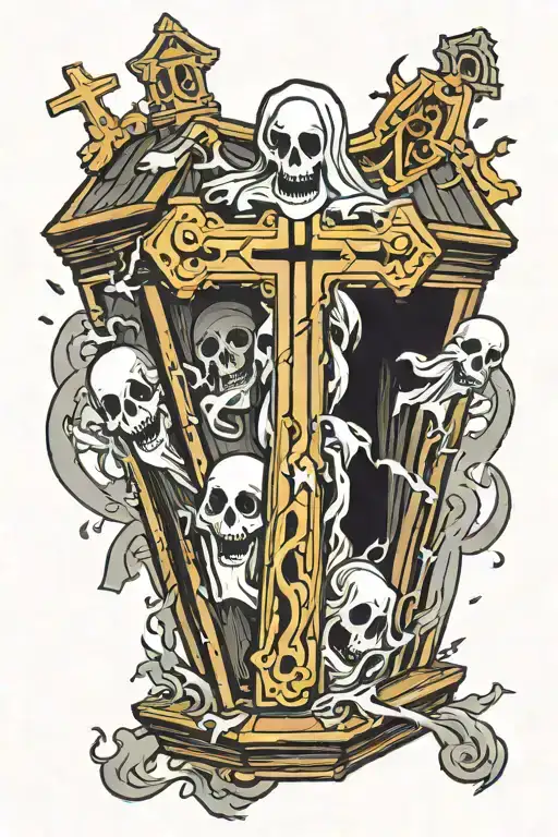 a coffin with a cross on it slightly opened and three cut ghosts coming out of it tattoo design idea