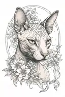 A dreamy scene of a sphynx cat lounging in a field of wildflowers, representing calm and tranquility tattoo design idea