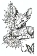 A dreamy scene of a sphynx cat lounging in a field of wildflowers, representing calm and tranquility tattoo design idea