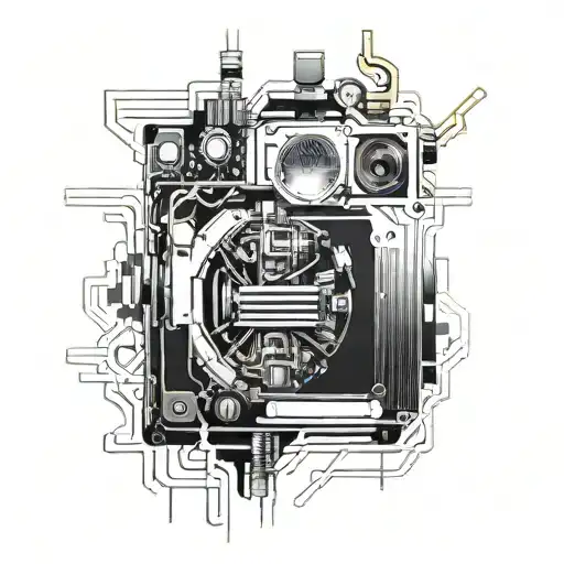 Integrate a high-tech engine into a pixelated photograph frame tattoo design idea