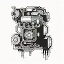 Integrate a high-tech engine into a pixelated photograph frame tattoo design idea