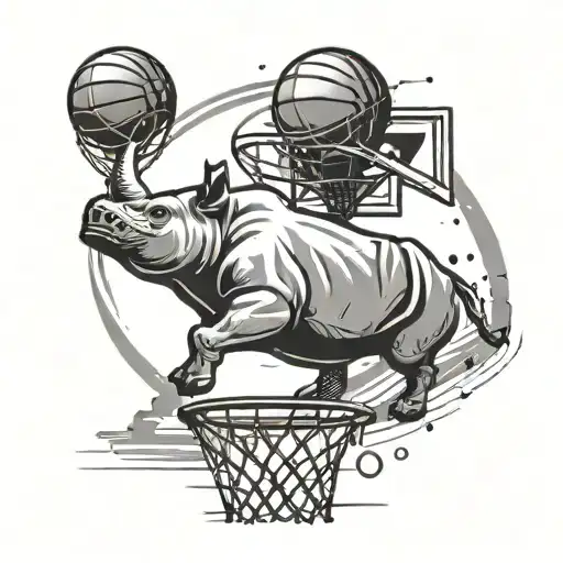 A minimalist black and grey tattoo of a basketball hoop with a rhinoceros silhouette jumping through it, capturing the essence of your love for both sports and animals tattoo design idea