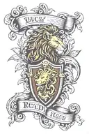 Crest or Shield: A crest or shield with a lion (strength), a rugby ball, and musical notes or a turntable, encapsulating tattoo design idea