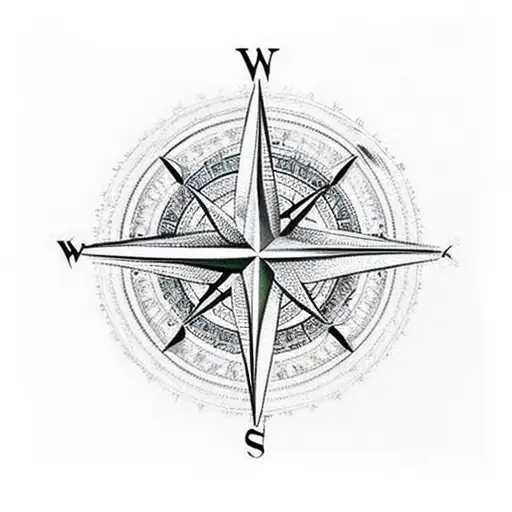 A majestic compass surrounded by intricate hunting and fishing scenes tattoo design idea