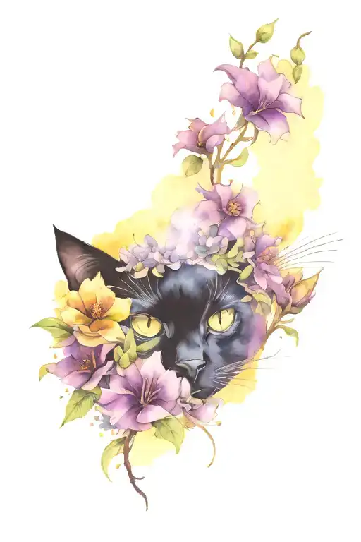 black cat open yellow eye + purple flowers tattoo design idea