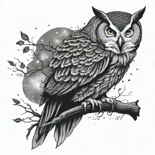 A majestic owl perched on a branch with a galaxy background tattoo design idea