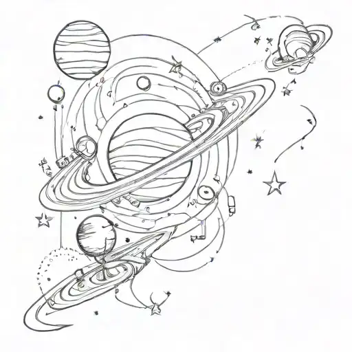 A space-themed tattoo with planets and stars intertwined with musical notes tattoo design idea