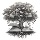A tree of knowledge with roots made of books and branches reaching towards the sky tattoo design idea
