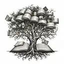 A tree of knowledge with roots made of books and branches reaching towards the sky tattoo design idea