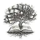 A tree of knowledge with roots made of books and branches reaching towards the sky tattoo design idea