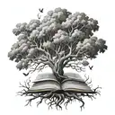 A tree of knowledge with roots made of books and branches reaching towards the sky tattoo design idea