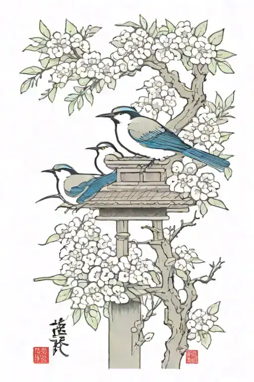 birds and Japanese culture tattoo design idea