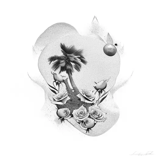 yellow roses with dog paw print with palm tree with dave matthews band ligo tattoo design idea