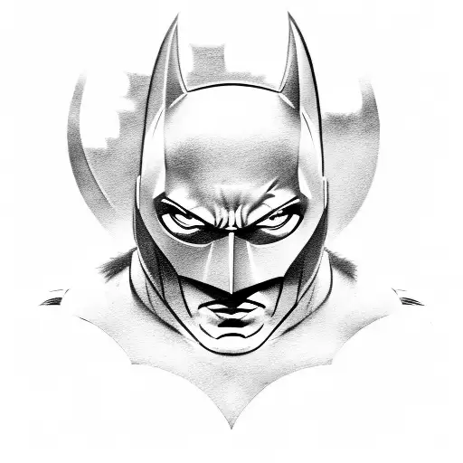 A detailed portrait of Batman's face with the Batmobile in the background tattoo design idea