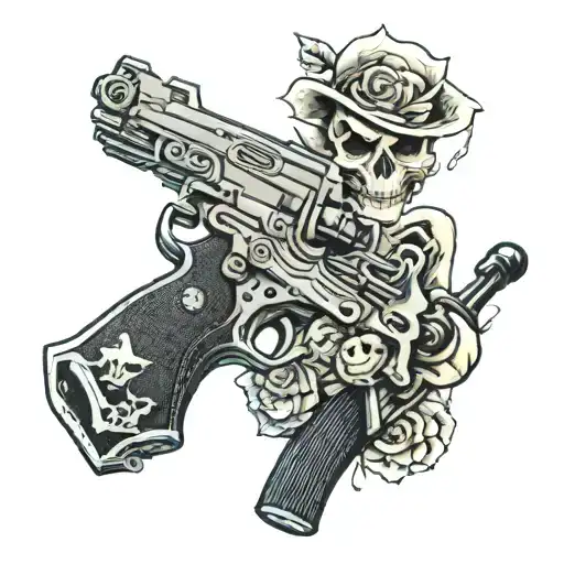 akm gun with skull and wife  tattoo design idea