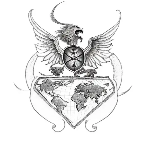 A lion with wings flying over a map of the world tattoo design idea