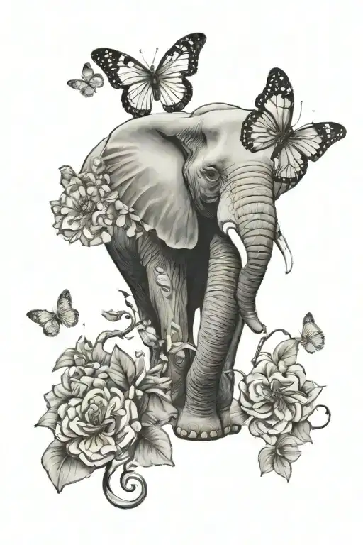 elephant flowers butterfly's   tattoo design idea