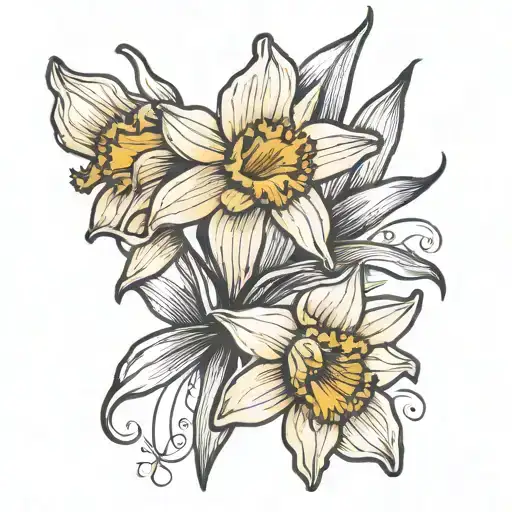 daffodil bud bursting from the side with bold black lines and minimal detail.  tattoo design idea