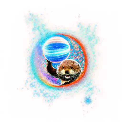 Seaotter who juggles with planets. His body merges with the milky way  tattoo design idea