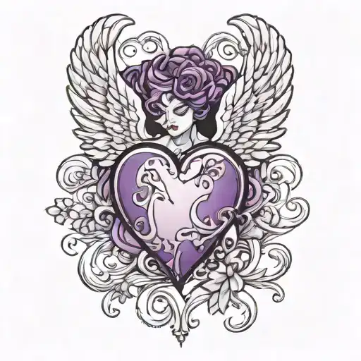 Crotch lust tatto, Angel wings around a purple heart tattoo design idea