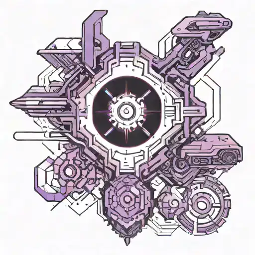 Cyberpunk themed tattoo, neon purple and red mainly, high tech weapons and cars around tattoo design idea