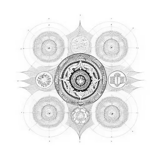 Dharma Wheel (Buddhism): Placed at the center of the design, symbolizing the Eightfold Path and the continuous cycle of  tattoo design idea