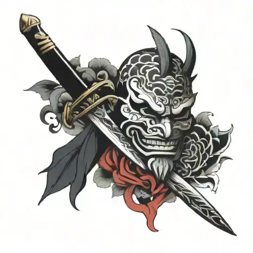 Japanese mask and dagger tattoo design idea