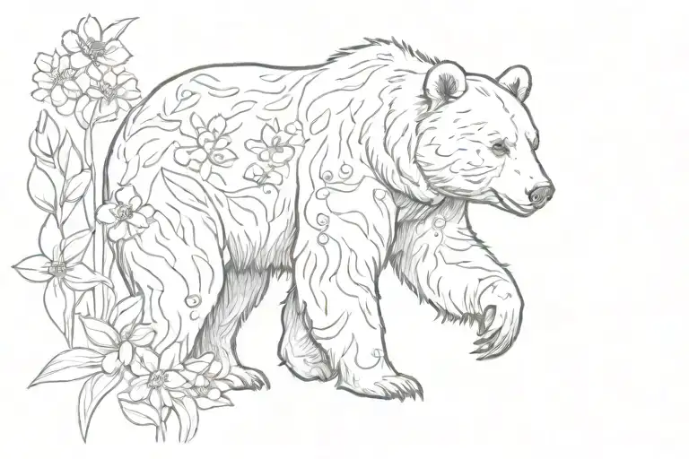 momma bear walking with flowers   tattoo design idea