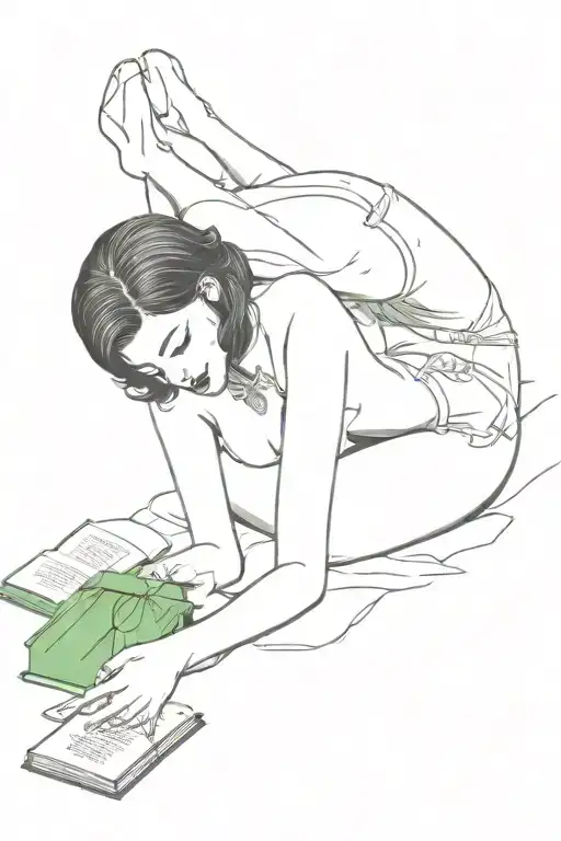 One Pin up girl with black hair laying on her stomach, reading one book open in front. We only see her head tattoo design idea