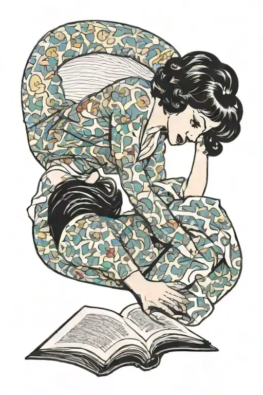 One Pin up girl with black hair laying on her stomach, reading one book open in front. We only see her head tattoo design idea