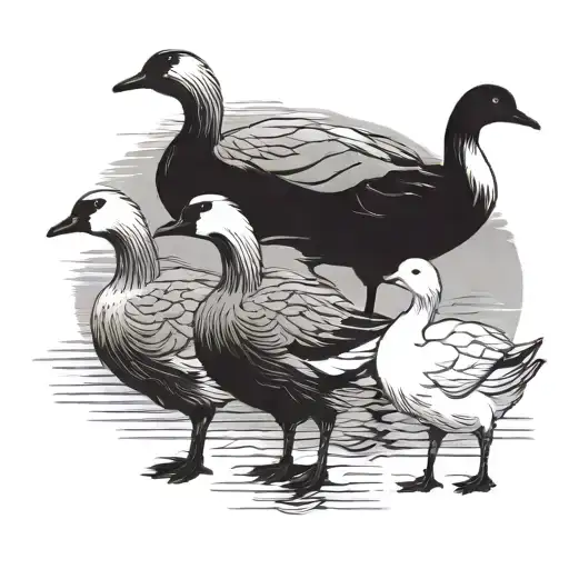 4 geese stand and look forward, two of them are small geese that stand in the middle  tattoo design idea