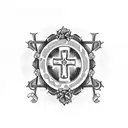 A half sleeve tattoo with a cross made of musical instruments surrounded by a rosary and roses, with psalm 91 written in a decorative font tattoo design idea